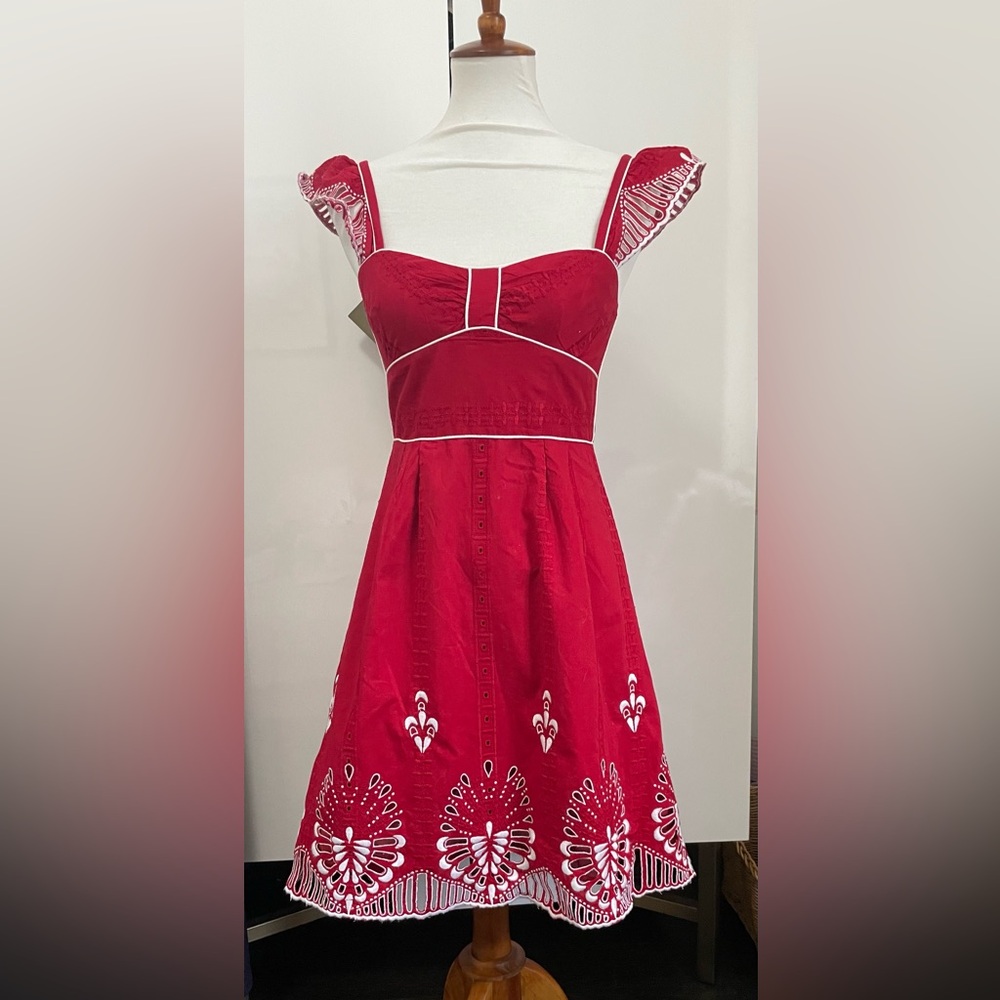 Nanette Lepore Red sundress with White Embroidery